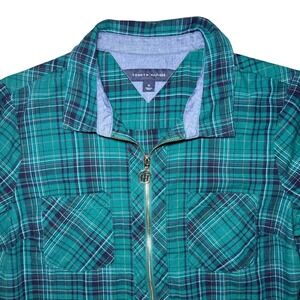Tommy Hilfiger Plaid Quarter Zip Roll Tab Sleeve Tunic Women Size Medium Green